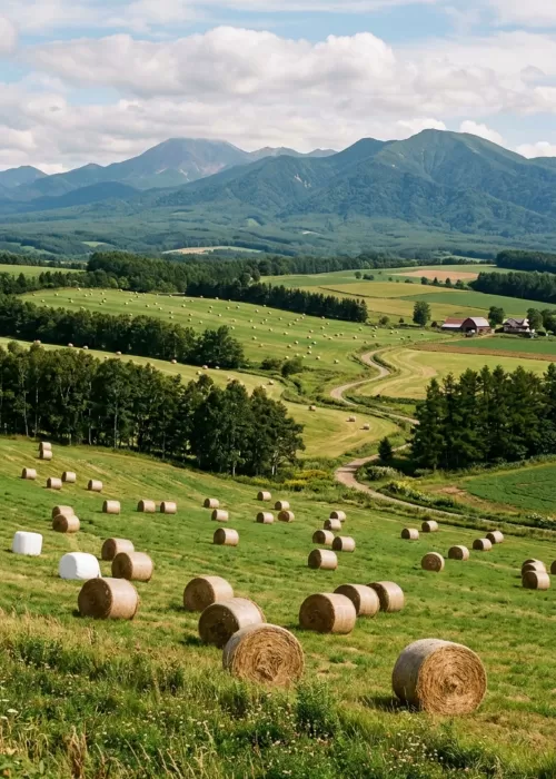 牧草ロールのある夏